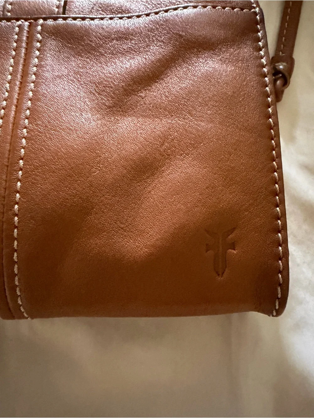 Frye Tan Leather Crossbody with Brass Ring Accent